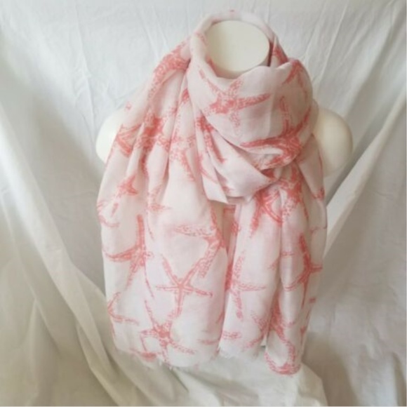Coral On White Starfish Wrap Shawl Scarf Coverup - Picture 6 of 7
